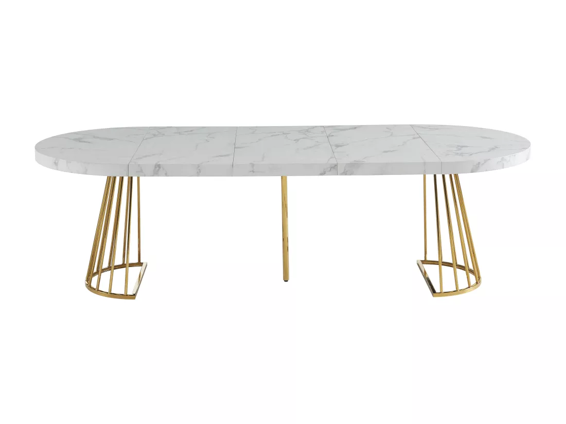 Table à manger extensible 2 à 12 personnes en MDF et acier - Effet marbre blanc et doré - FIRELA