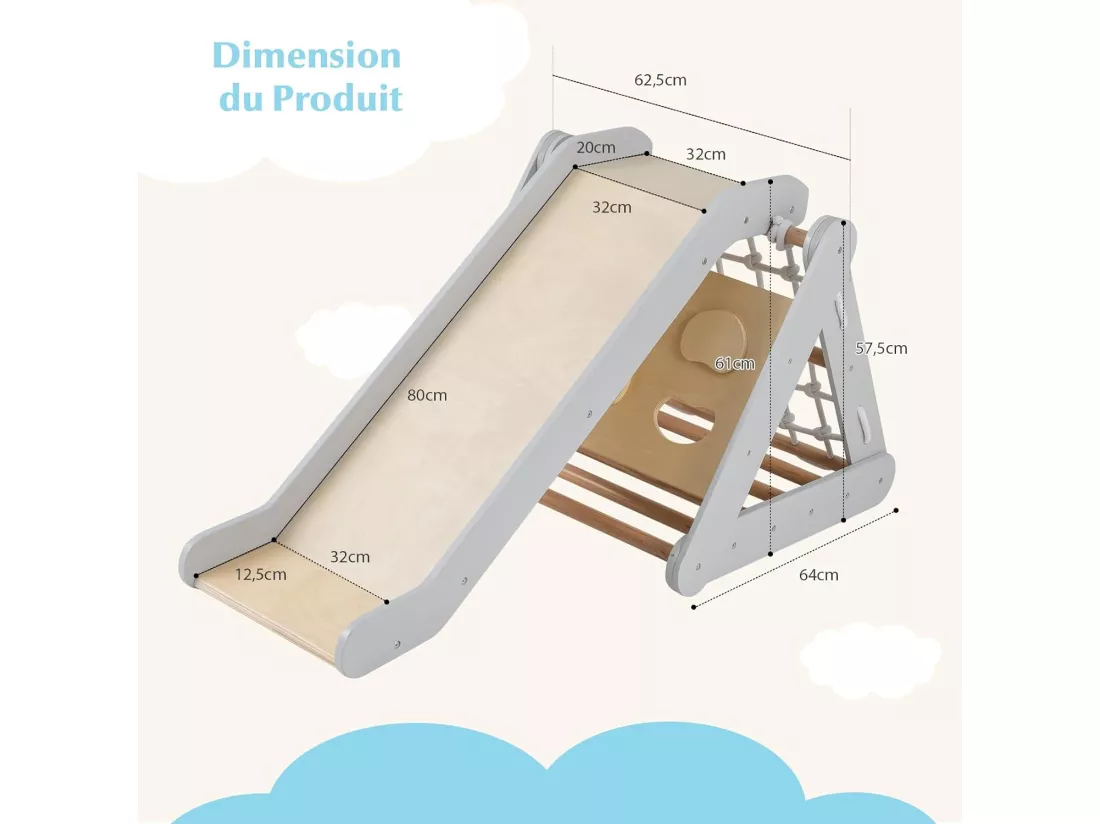 4 en 1 Triangle d'escalade Montessori Enfant avec Toboggan, Echelle d'escalade en Bois avec Filet, Inclinaison Réglable, Intérieur, Charge 60kg pour Enfants de 1 an+