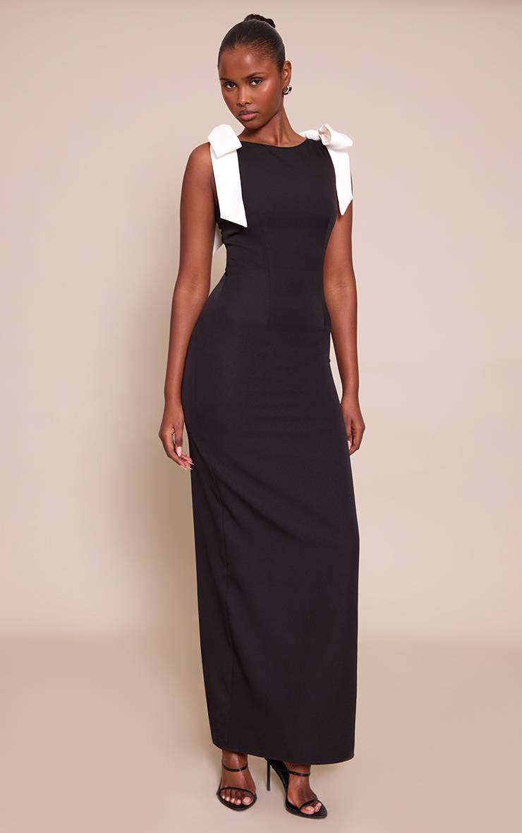 Noir Robe Longue Tissée Avec Nœud Détaillé