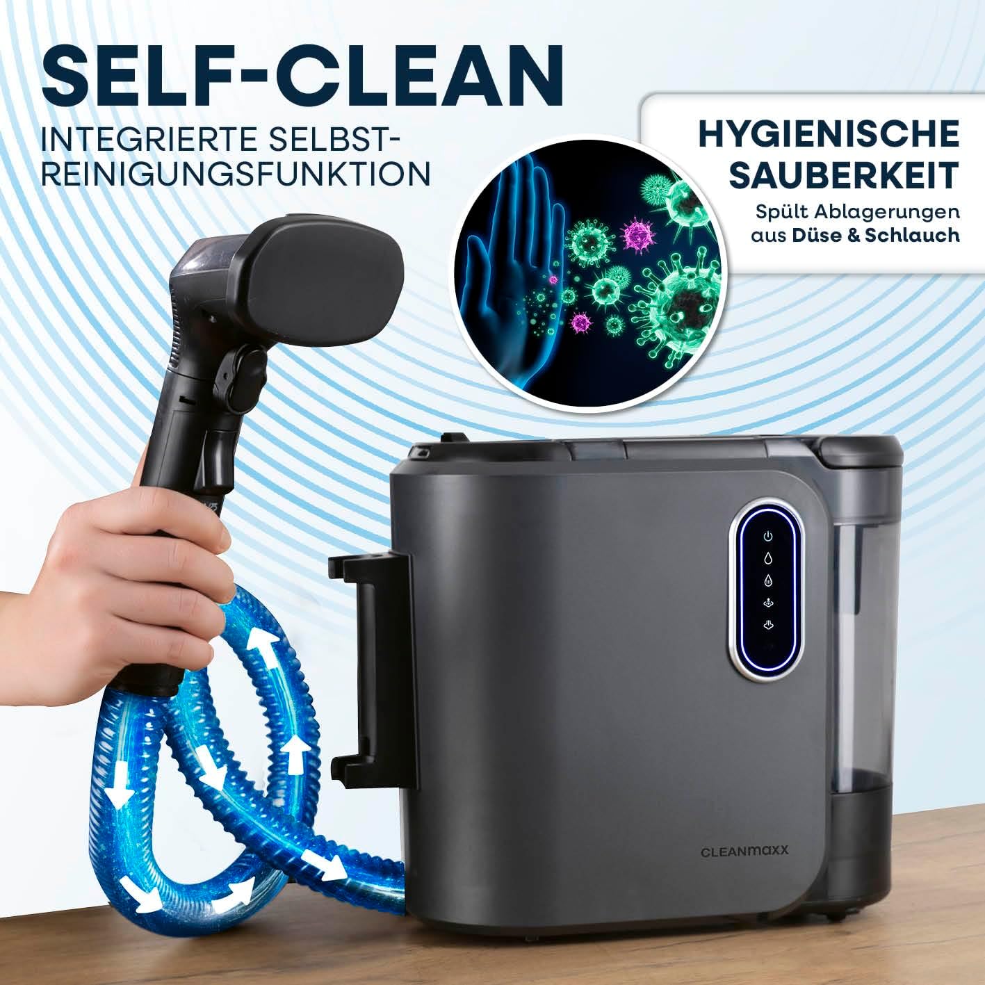 CLEANmaxx Polster- & Teppichreiniger Pro Steam | 3in1: Polsterreiniger, Spot Cleaner, Waschsauger | Fleckenreiniger mit Heißwasser- & Steam-Technologie für Teppich, Auto, Sofa etc.