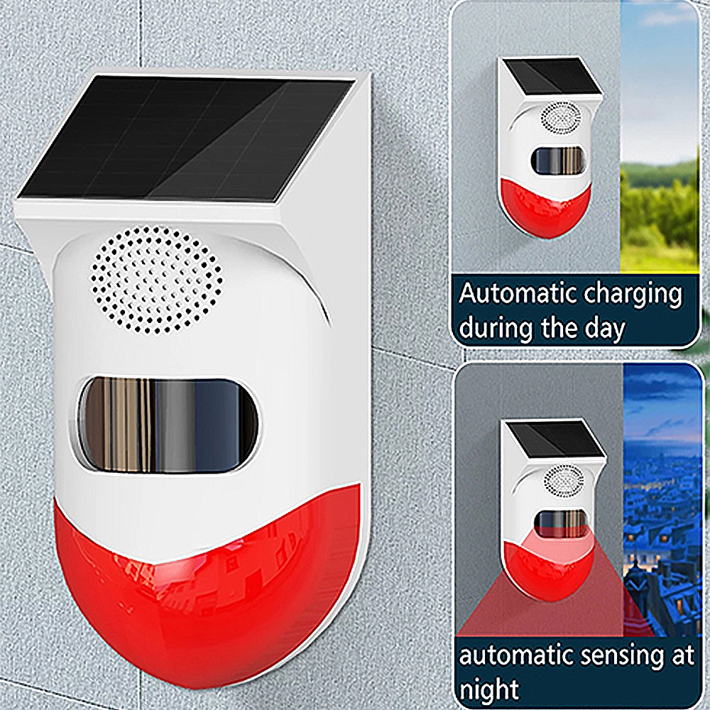 (100db) Solar Bewegungsmelder Anti-Einbruch Sensor Alarmanlage mit Sirene (IP67) - Weiss