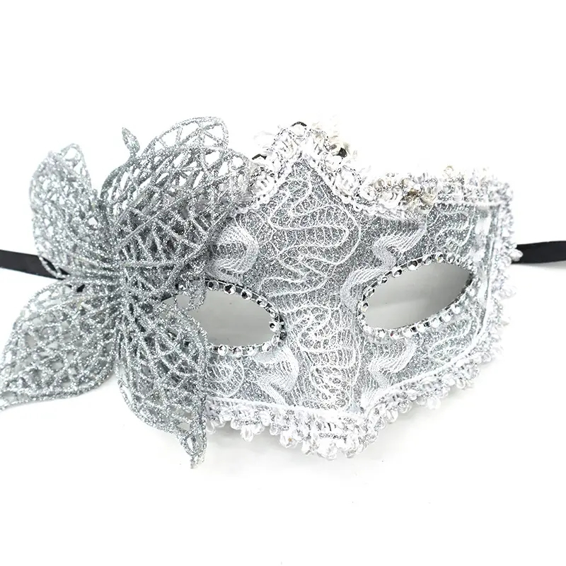 Venezianische Stabmaske Fasnachts Halbmaske Kostüm Zubehör Motto Party Accessoire Halloween Foto Requisite mit Spitzenbordüre - Silber