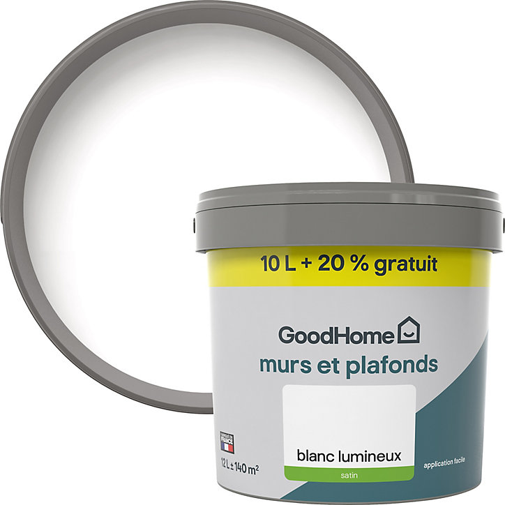 Peinture murs et plafonds GoodHome blanc satin 10L + 2L