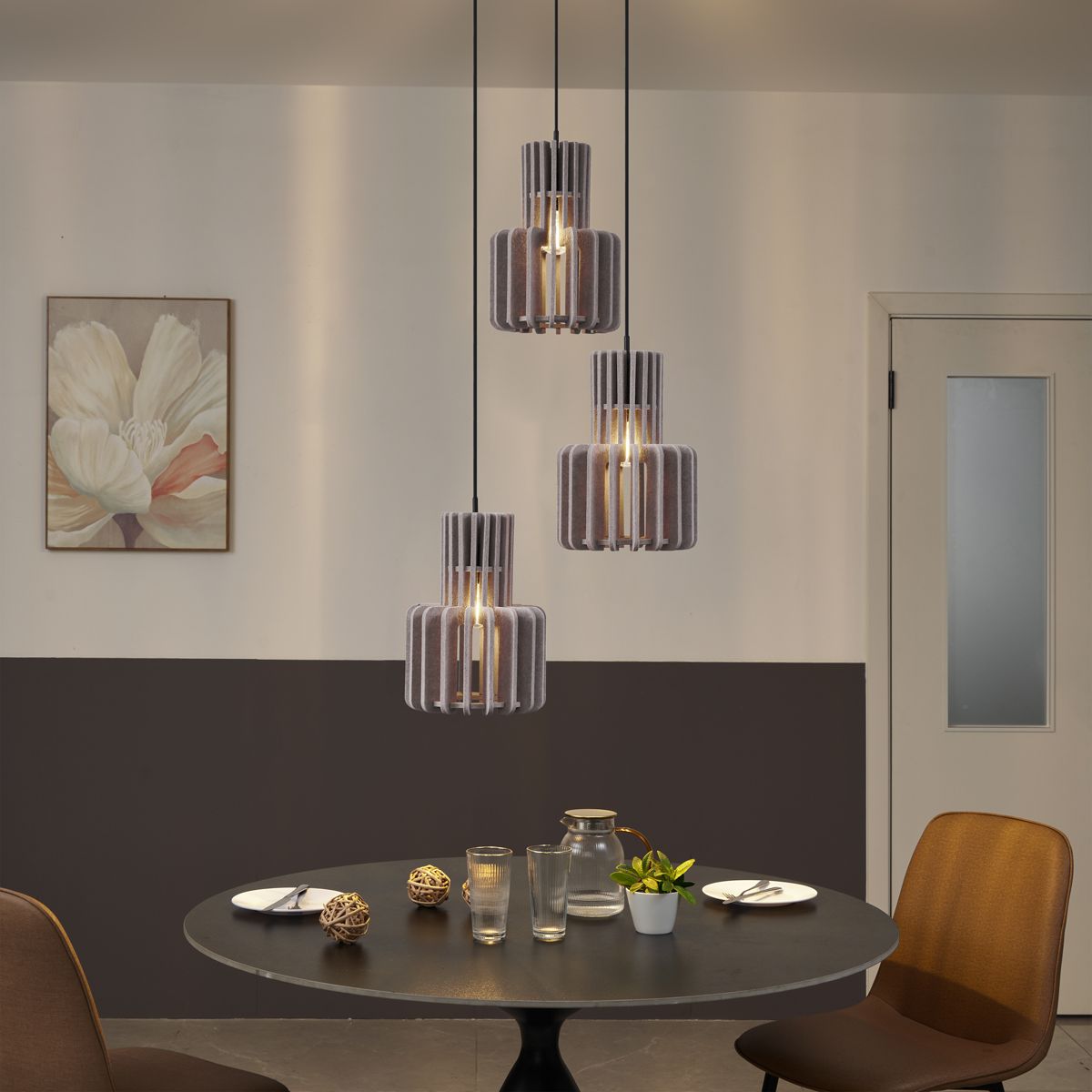 Retro hanglamp zwart met taupe 3-lichts - Felt