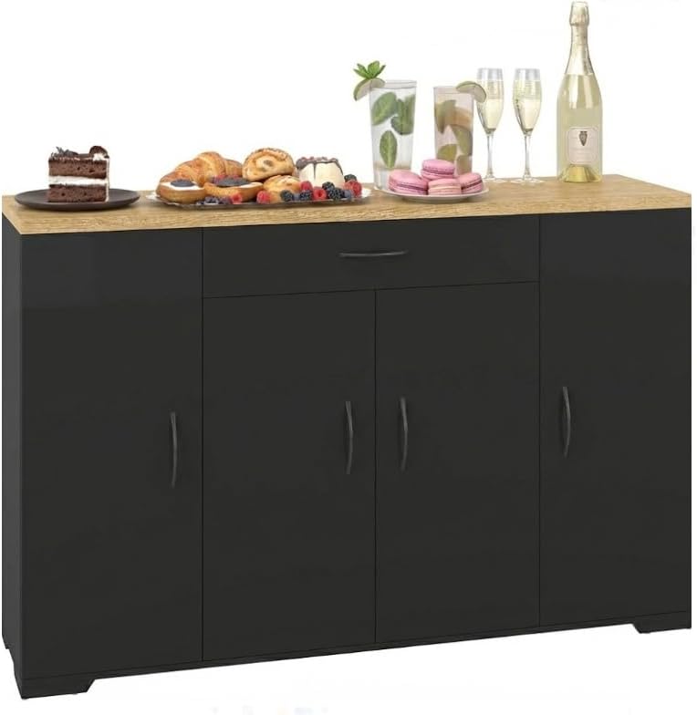 hitsuki Buffetschrank freistehend 110 x 30 x 70 cm mit Arbeitsplatte Esszimmer Sideboard mit Stauraum Türen und Schubladen schwarzes Design mit Holzplatte Stabiler Stand einfacher Aufbau YY3113816