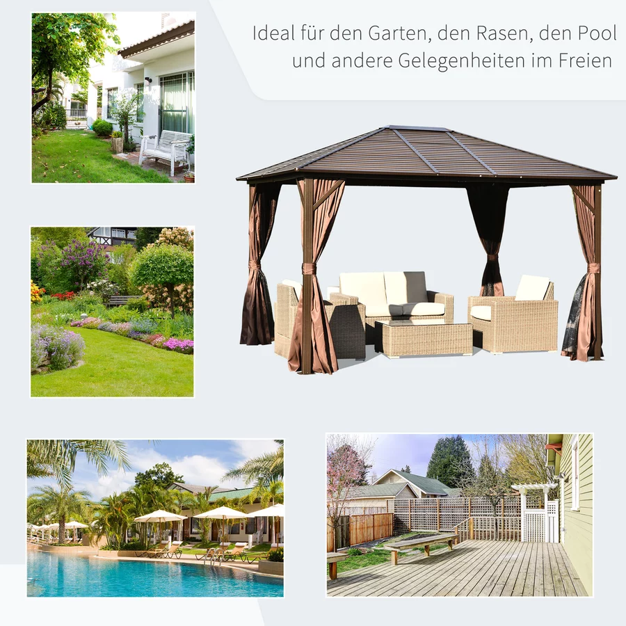 Outsunny Gartenpavillon mit Sonnenschutzvorhänge braun