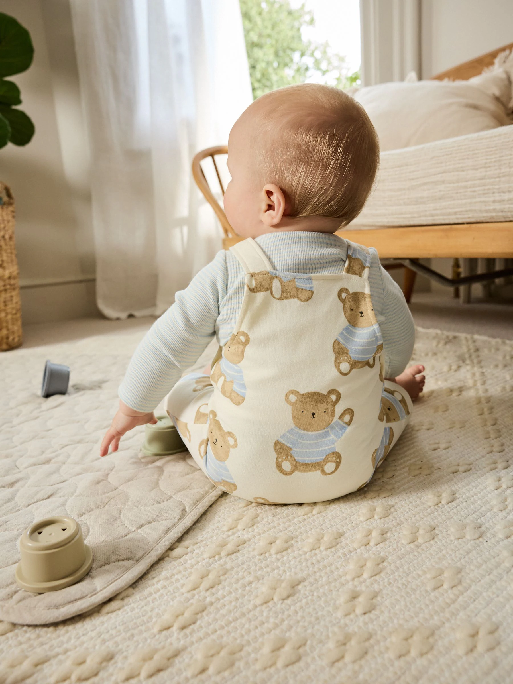 Blauw met beerprint - Jersey tuinbroek en rompertje babyset (0mnd-2jr)