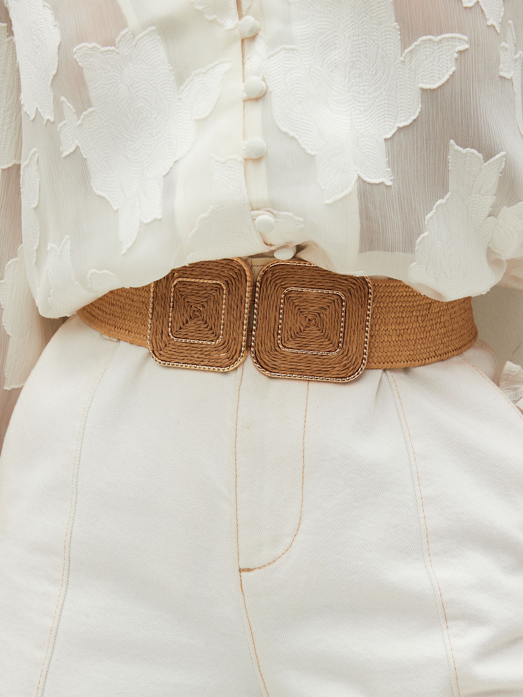 Natuurlijk - Square Buckle Wide Raffia Effect Belt