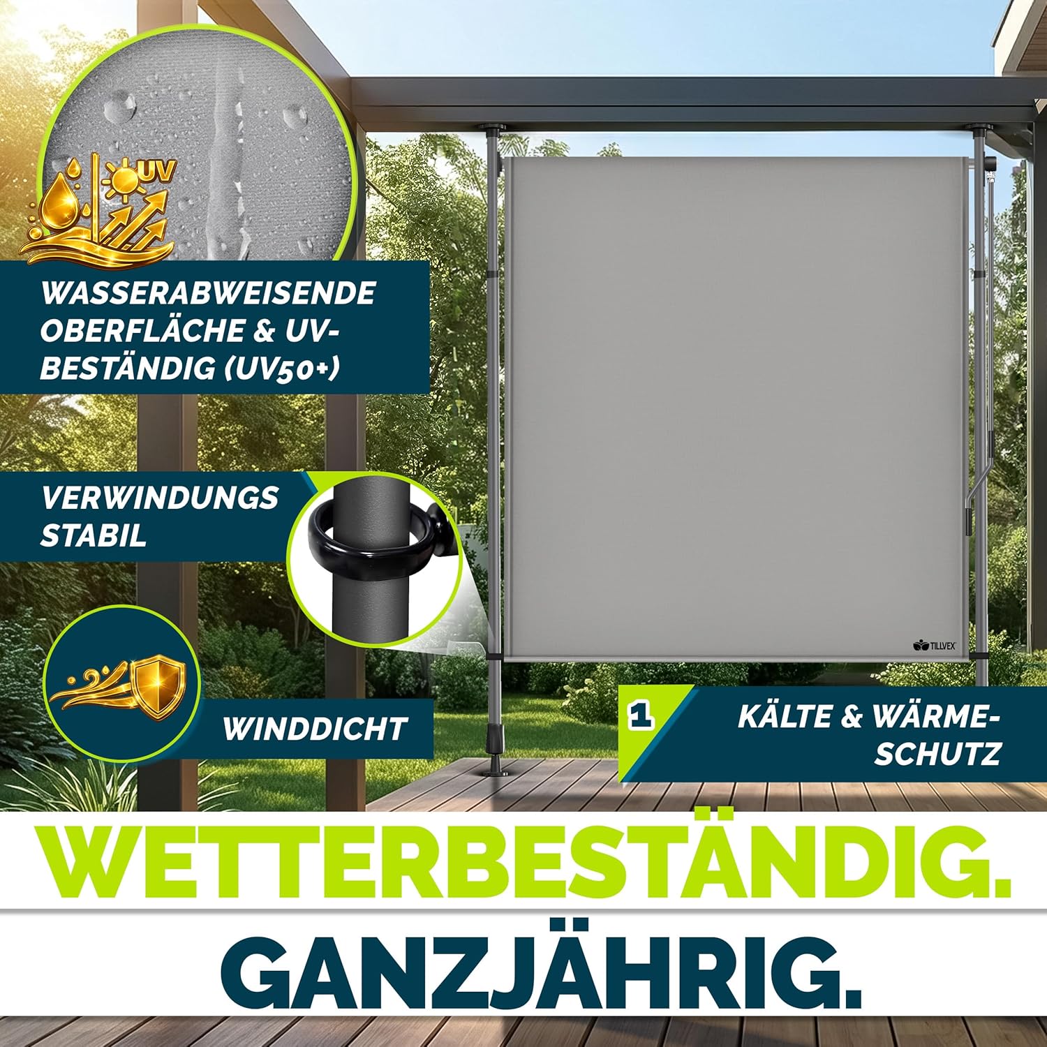 tillvex® Klemmmarkise Senkrechtmarkise mit Handkurbel ohne Bohren | Sichtschutz Ausziehbar & Blickdicht | Vertikalmarkise Balkon Terrasse Garten | Sichtschutzrollo Wetterfest (Grau, 200x310 cm)