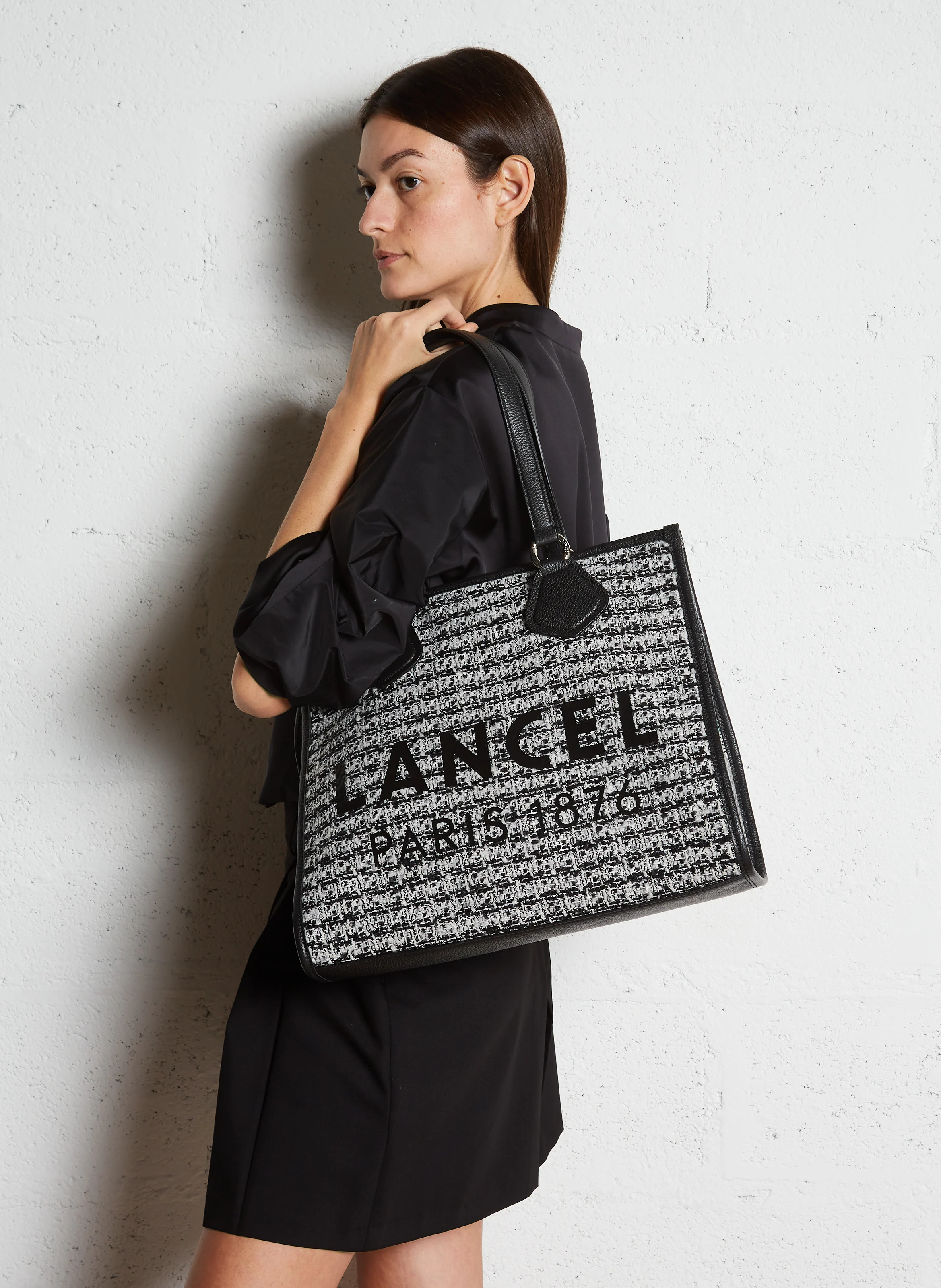 Cabas zippé effet tweed en cuir | Blanc
