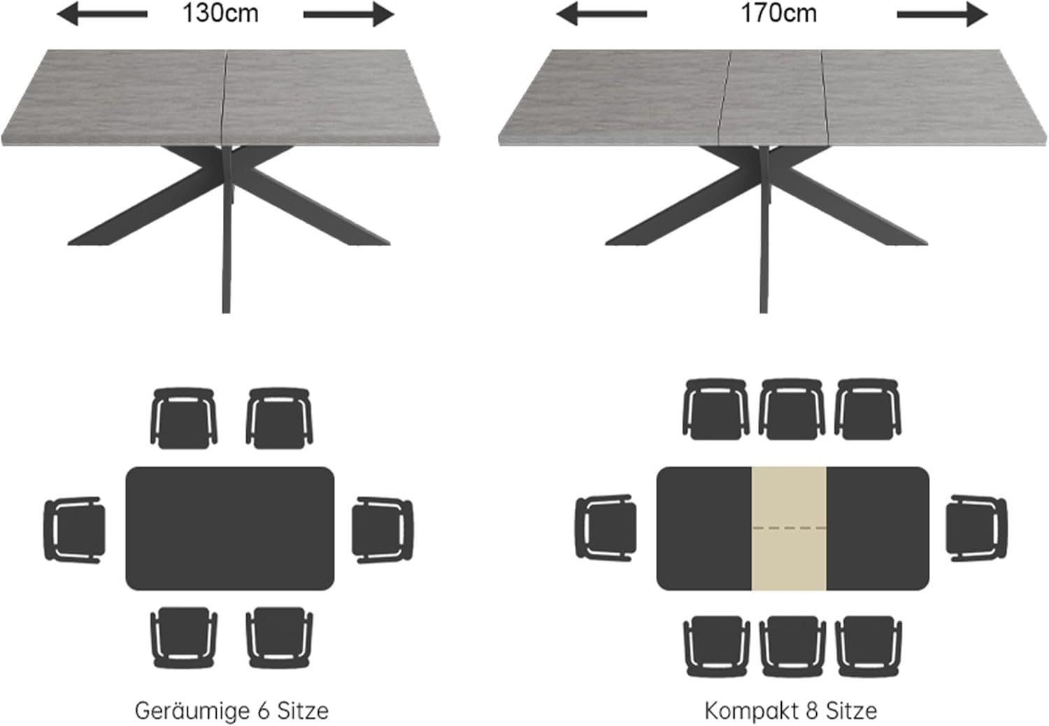 JIEXI Essgruppen Für 4-6 Personen, Esstisch Ausziehbar Mit Stühlen, Moderner Grauer MDF-Holztisch, Geeignet Für Wohnzimmer, Küche (130-170cm Tisch + 6 X-förmig Grau Stühle)