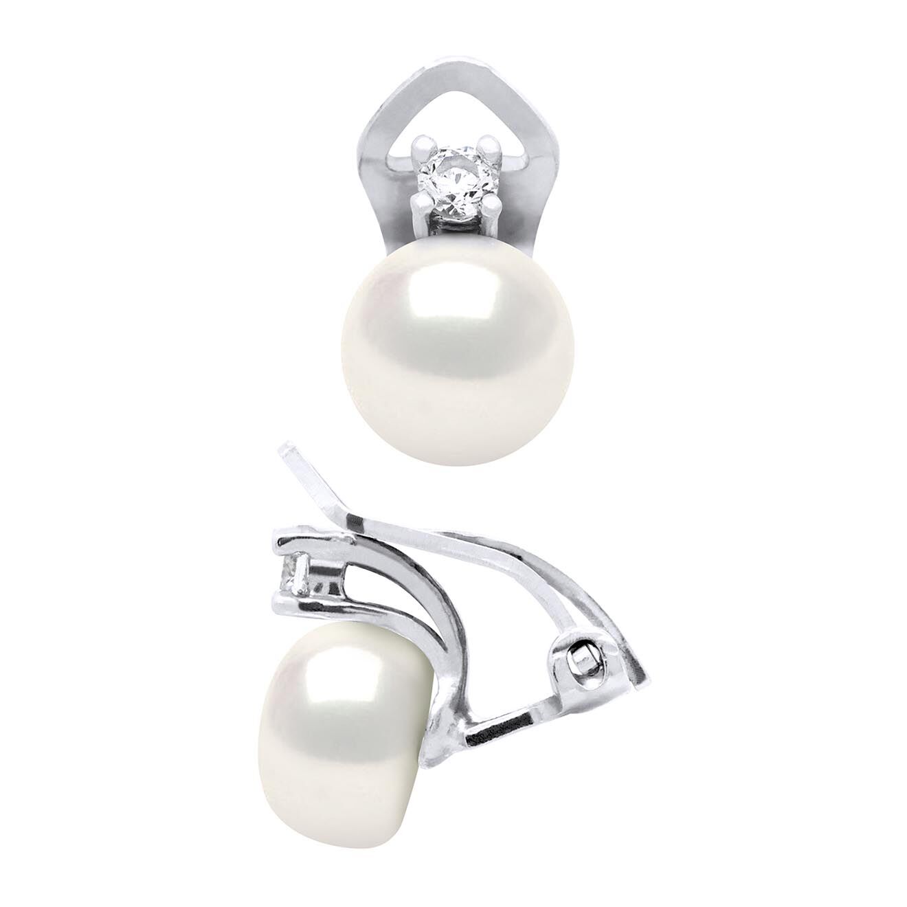 Mitzuko Boucles d'Oreilles Argent Rhodié, Zircone & Perles d'Eau Douce boutons blanc naturel