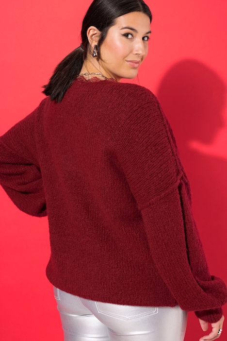 Pullover, V-Ausschnitt mit Spitze, weiter Langarm