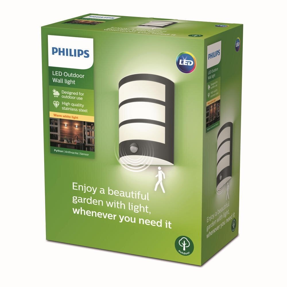 LED wandlamp Python in antraciet, 6W, 450lm, warm wit, IP44 met bewegingsmelder