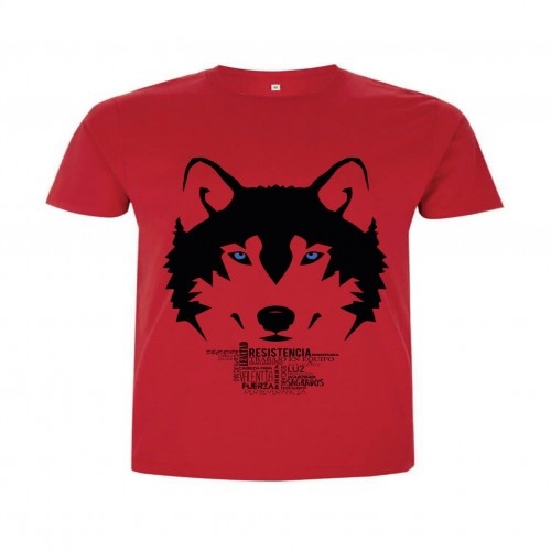 Camiseta masculina de algodão de manga curta com estampa de lobo vermelho, símbolo animal.