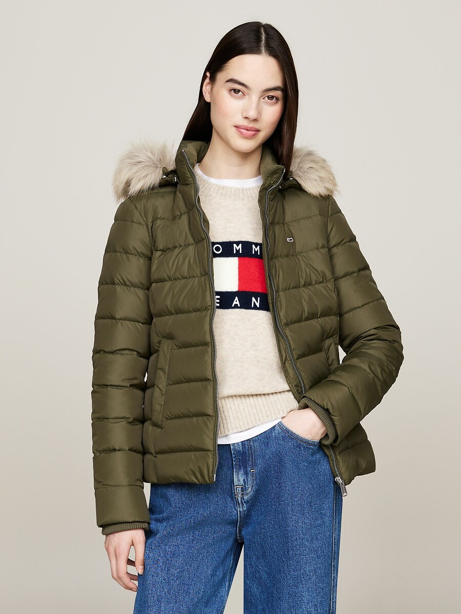 TOMMY JEANS<br>Jaqueta curta de plumas com capuz e zíper