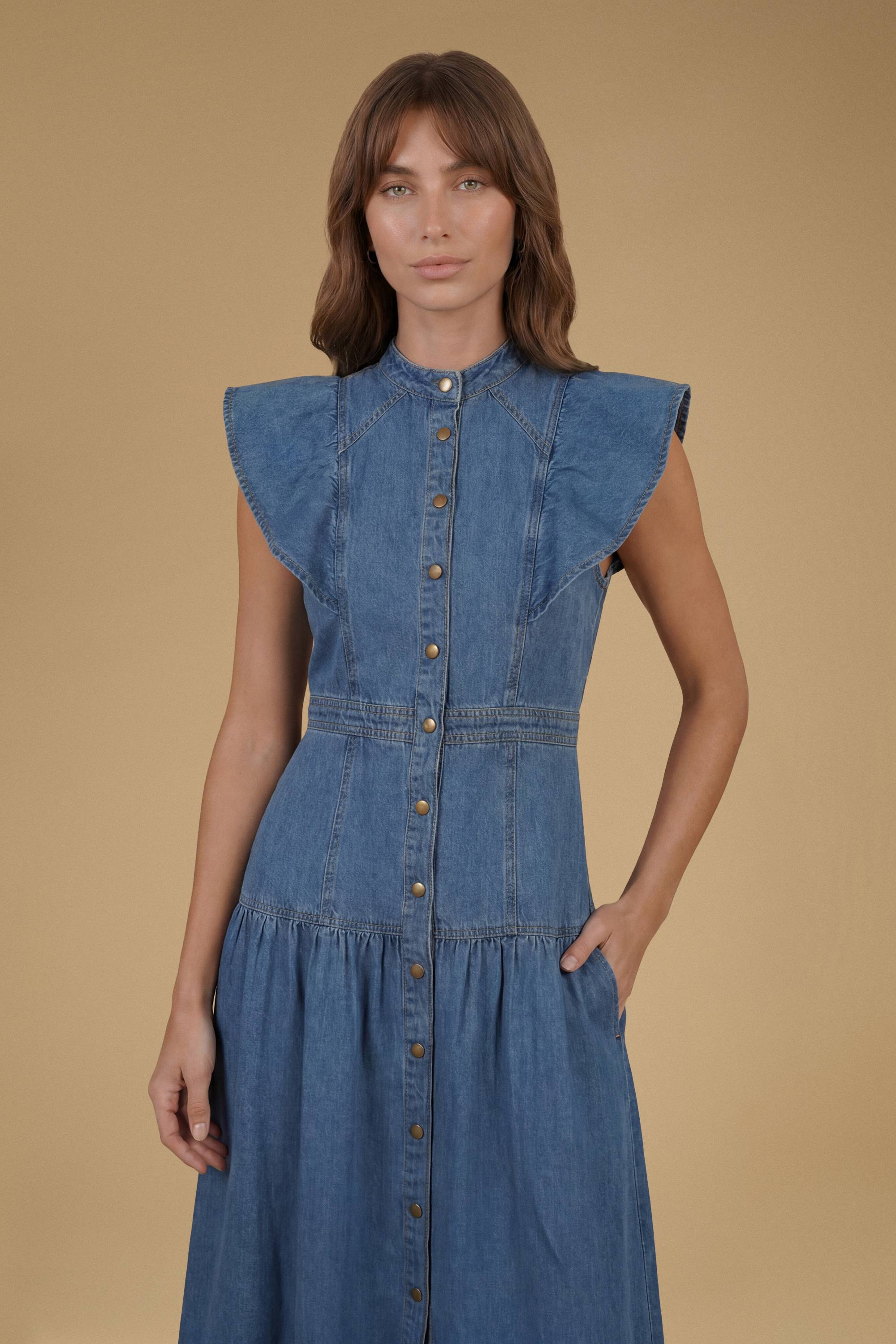 Oasis Robe Midi En Denim À Volants