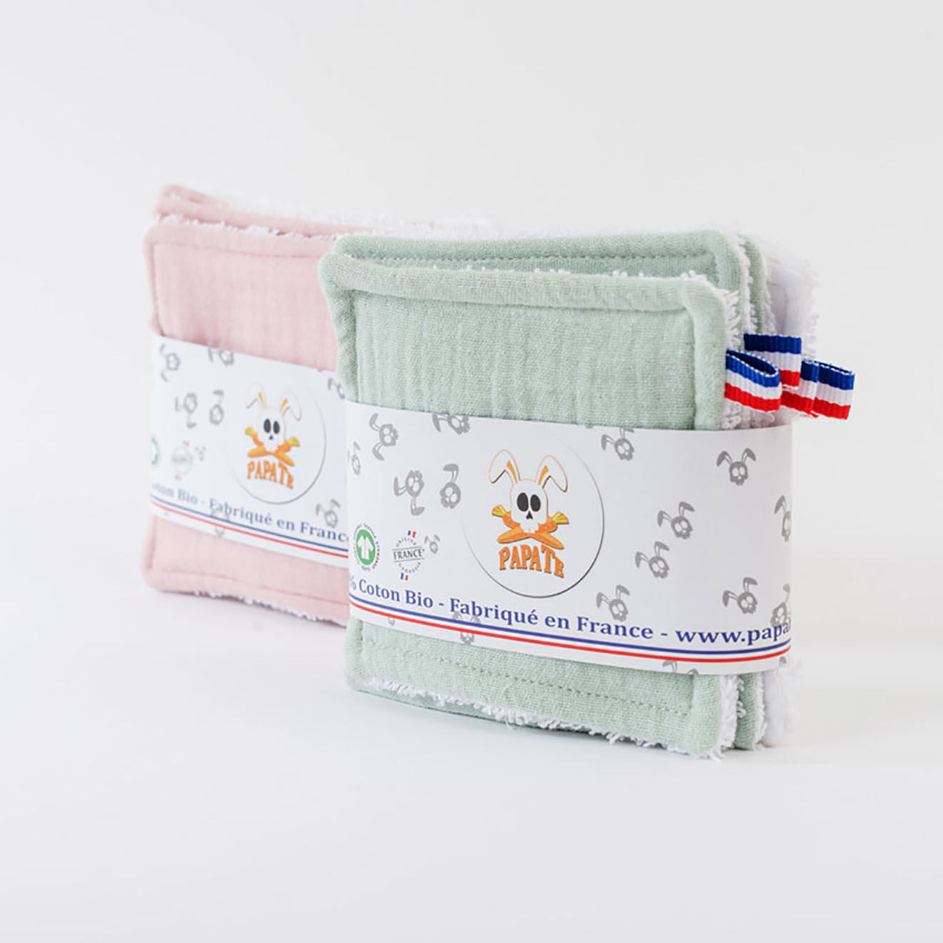 Papate Lingettes lavables en Coton Bio blanc/rose - 10x10 cm