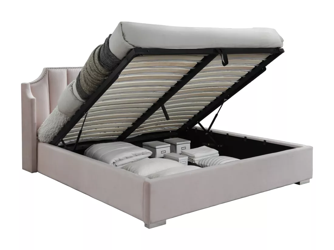 Lit coffre 160 x 200 cm avec tête de lit incurvée - Velours - Rose + Matelas - TEOMIS