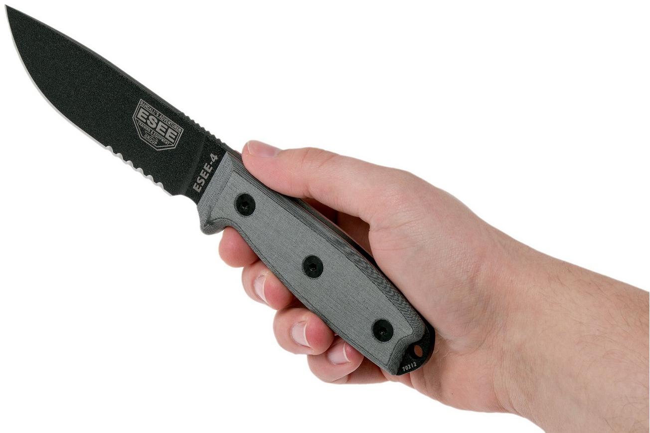 ESEE Model 4 serrated blade, grey handle 4S-MB-B met zwarte schede   clip en MOLLE-back