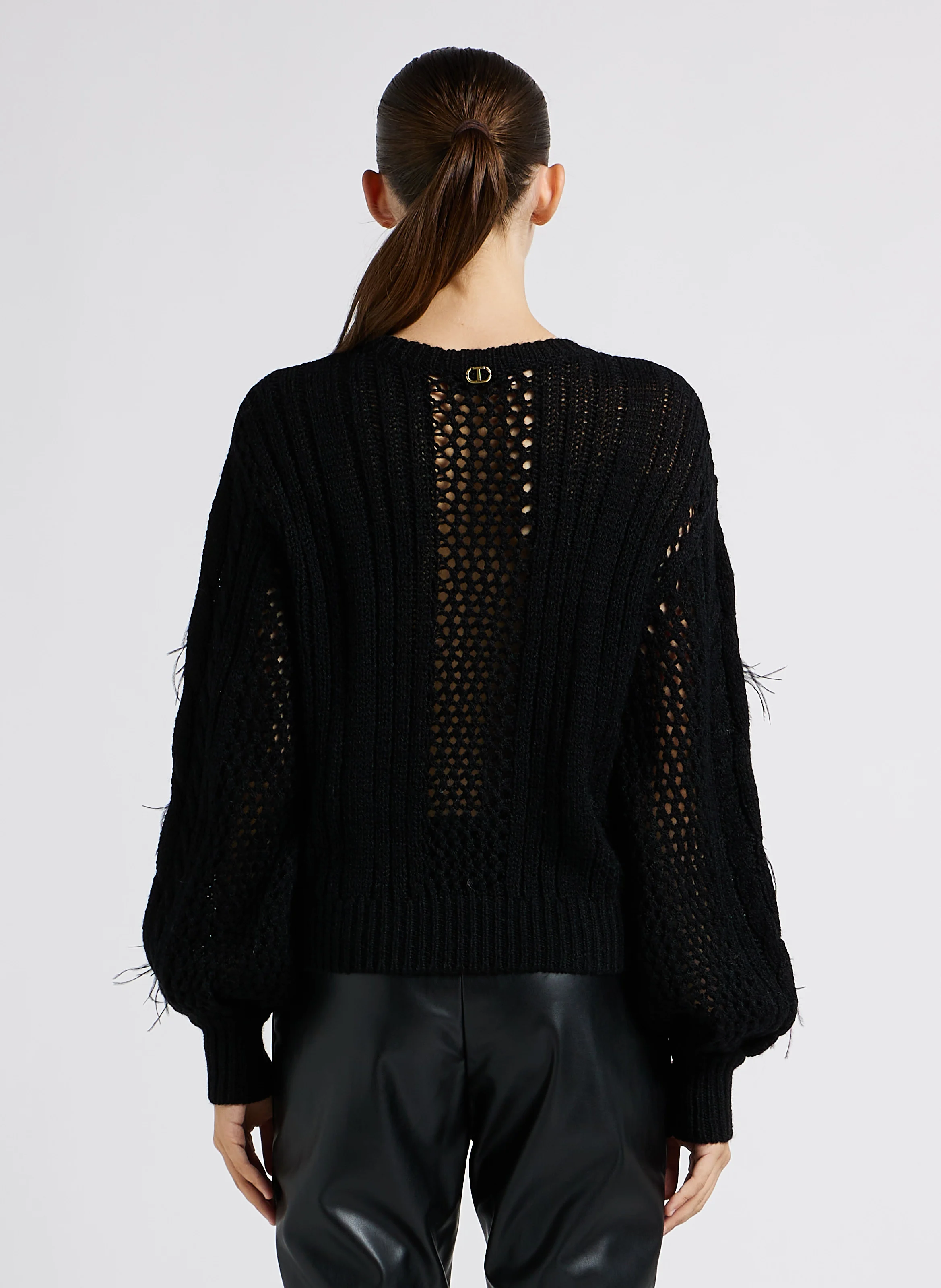 Pull col rond plumes intégrées| Noir