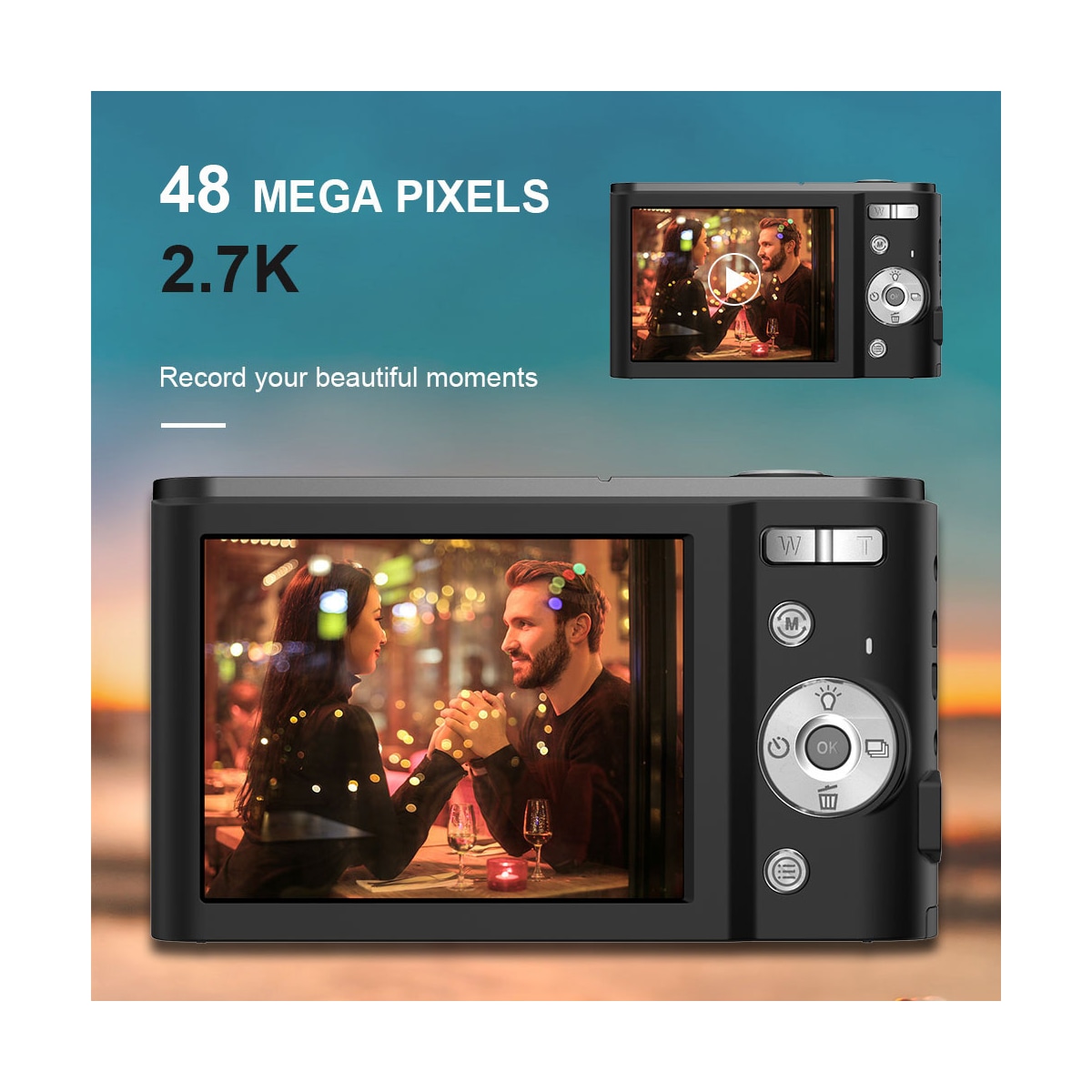 Digitalkamera 2.7K 48MP 1080P, 16x zoom, anti-shake, ansiktsgjenkjenning Sort