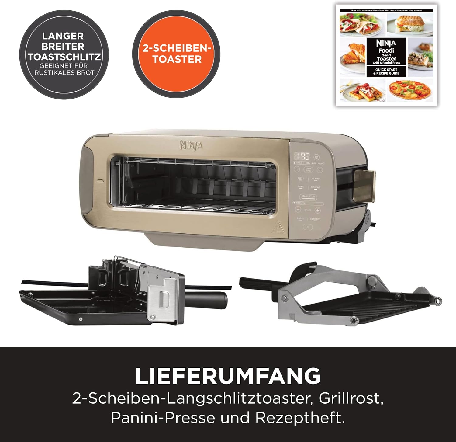 Ninja Foodi 3-in-1 Toaster, Elektrogrill mit Deckel, Panini-Presse mit Flip-Design, 7 Kochfunktionen, 7 Toastlinien, Backblech und Krümelschale, Stone Gold, ST202EUSTGD