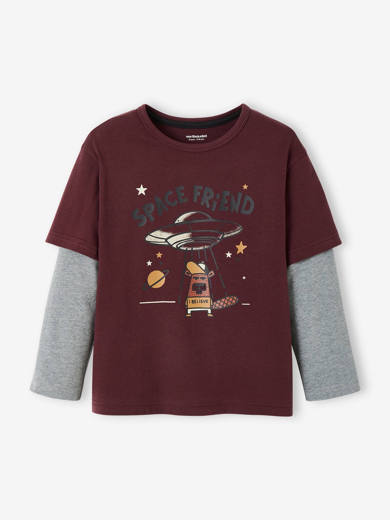 Camiseta 2 em 1, lisa, azul-escura, com estampas de menino.