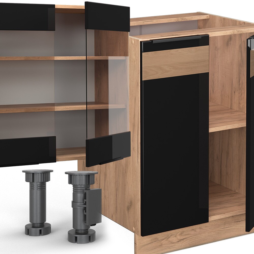 Vicco Küchenzeile Küchenblock Einbauküche Fame-Line Eiche Schwarz 300 cm modern Hochglanz Küchenschränke Küchenmöbel
