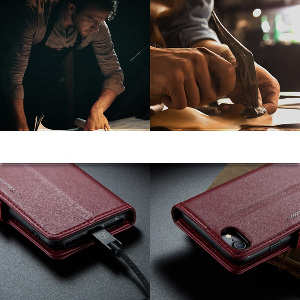 iPhone SE (2022/2020) / 8 / 7 / 6S Leder Tasche Flip Wallet Etui mit Kartenfächern Litchi Look (RFID Schutz) - Rot