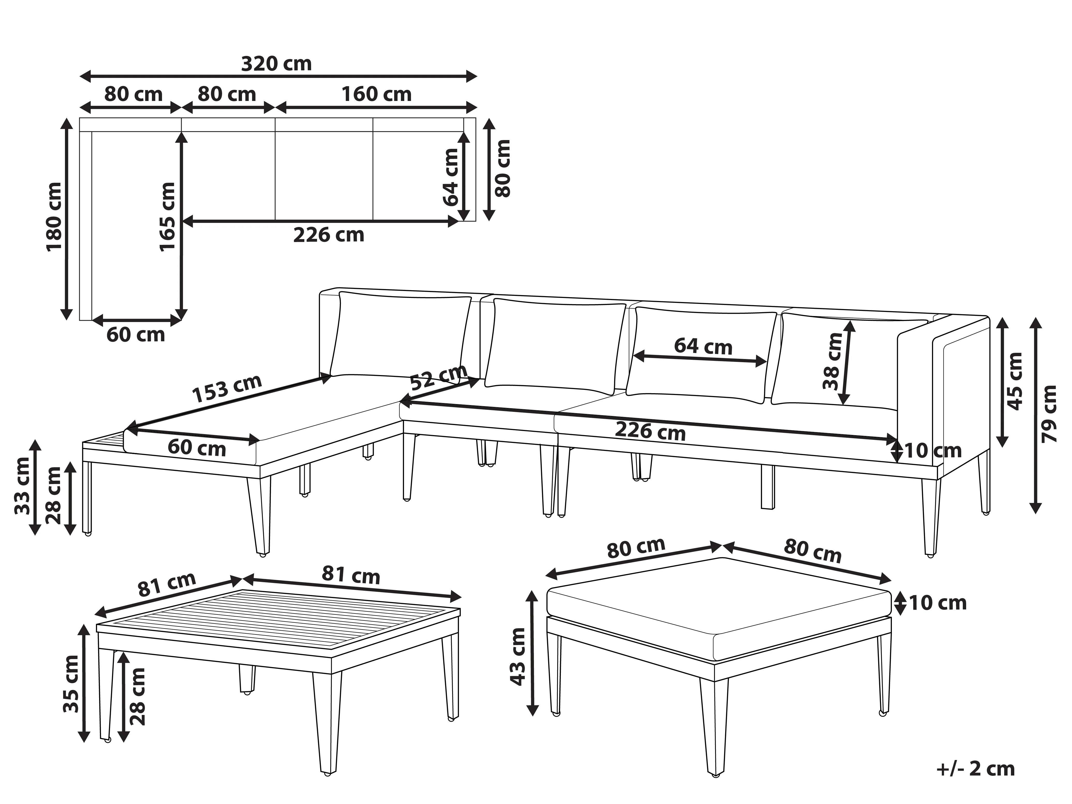 Loungeset met tafel en ottomaan 4-zits BRACCIANO rechtszijdig Gecertificeerd acaciahout Lichtbeige