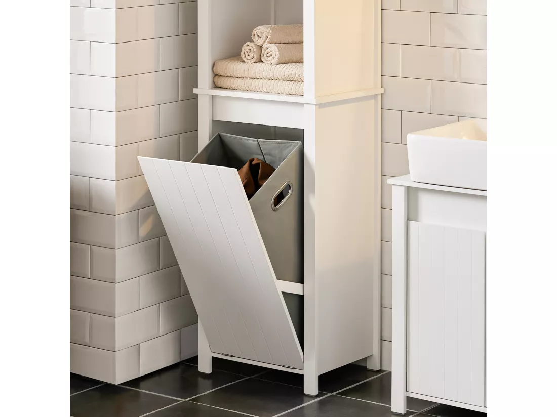 SoBuy BZR102-W Meuble Colonne de Salle de Bain, Armoire Haute, Colonne de Rangement, Meuble Salle de Bain, 3 Étagères, 1 Panier à Linge Amovible
