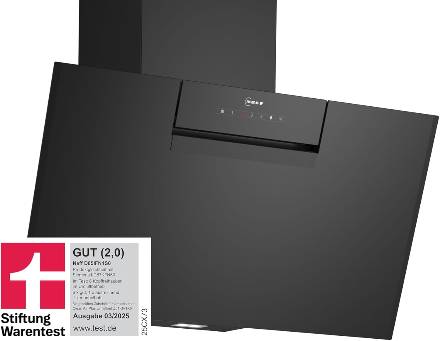 NEFF D85IFN1S0, N 50, Smarte Wandesse, Dunstabzugshaube zur Wandmontage, 80cm breit, Made in Germany, Efficient Drive, LED-Beleuchtung, Kochfeldbasierte Haubensteuerung, Touch Control, Schwarz