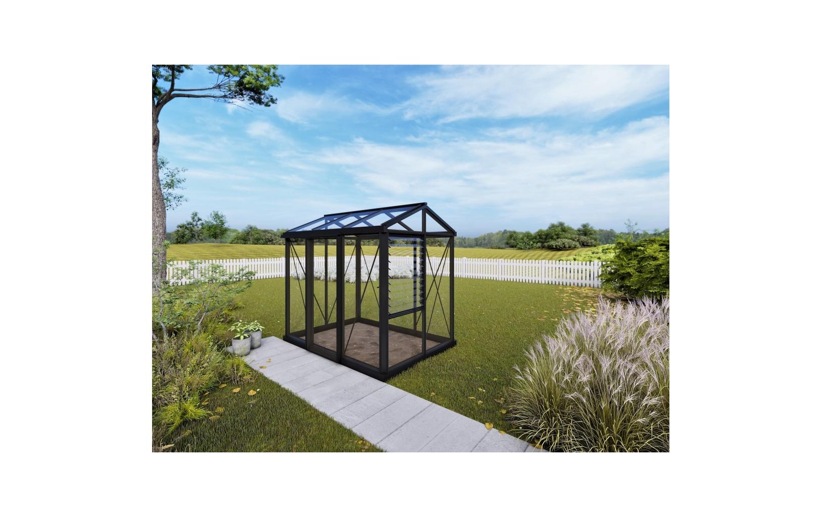 Gewächshaus Helios Urban, 162 x 236 x 217 cm, Glas 4 mm<br>Schwarzes Gewächshaus für den urbanen Garten