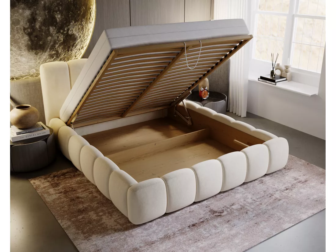 Lit rembourré avec rangement - 160 x 200 - lit double - velours - beige - Cloud