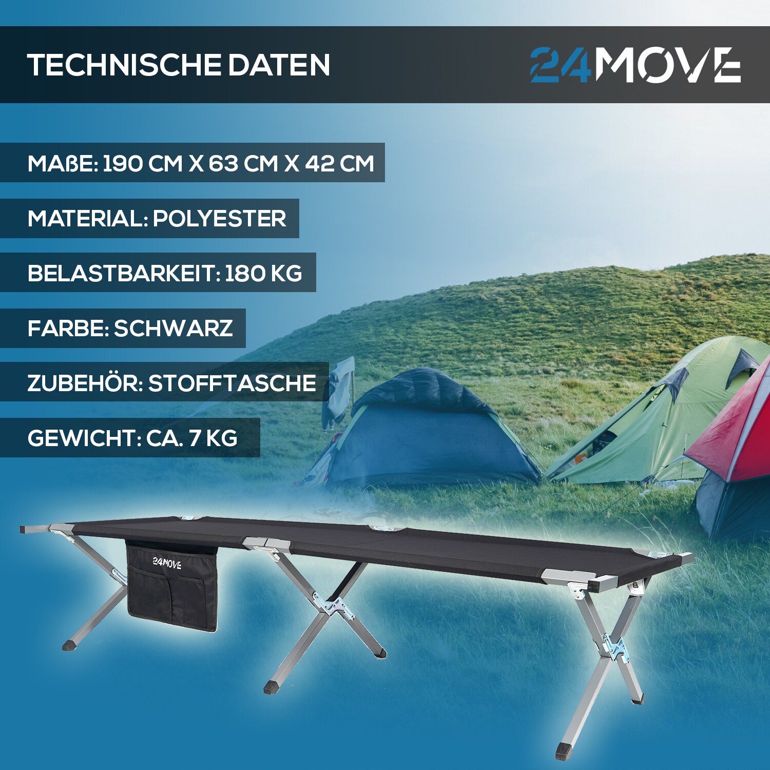 24MOVE® Feldbett Campingbett bis 180 kg In-und Outdoor Camping faltbar, inkl. Tragetasche für einfachen Transport