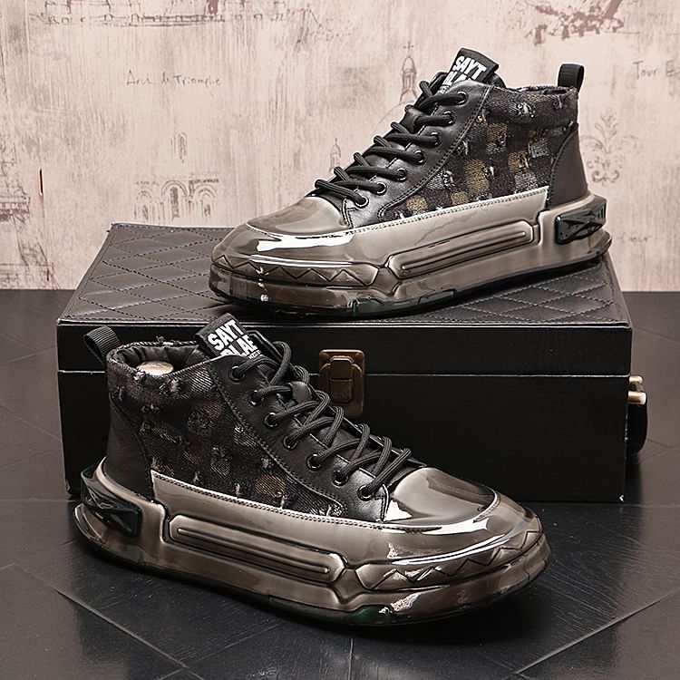 Mr Ozera - Distressed Denim Platform High-Top Sneakers