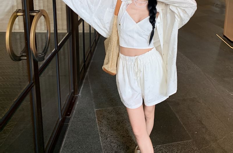 Duwnie - Effen shirt met lange mouwen / V-hals top / Shorts