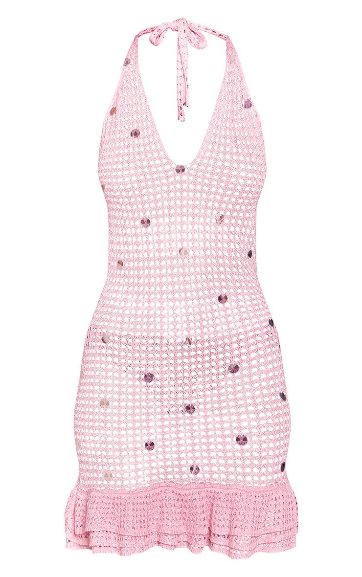 Rose Robe Mini Moulante À Sequins En Maille