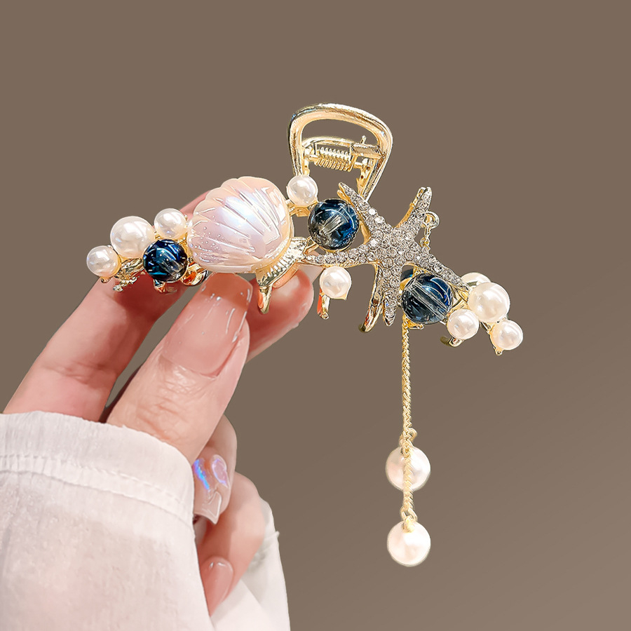 (8cm) Haarspange Klammer Strass Krallen Clip Muschel Haar Accessoire Seestern mit Perlen Anhänger - Gold / Weiss