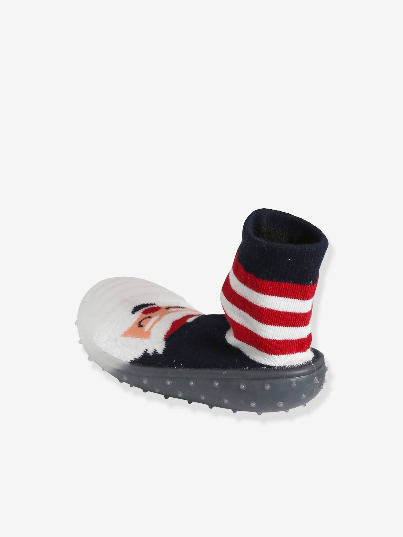 Pantufas infantis de Natal antiderrapantes, estilo meia, com listras vermelhas.