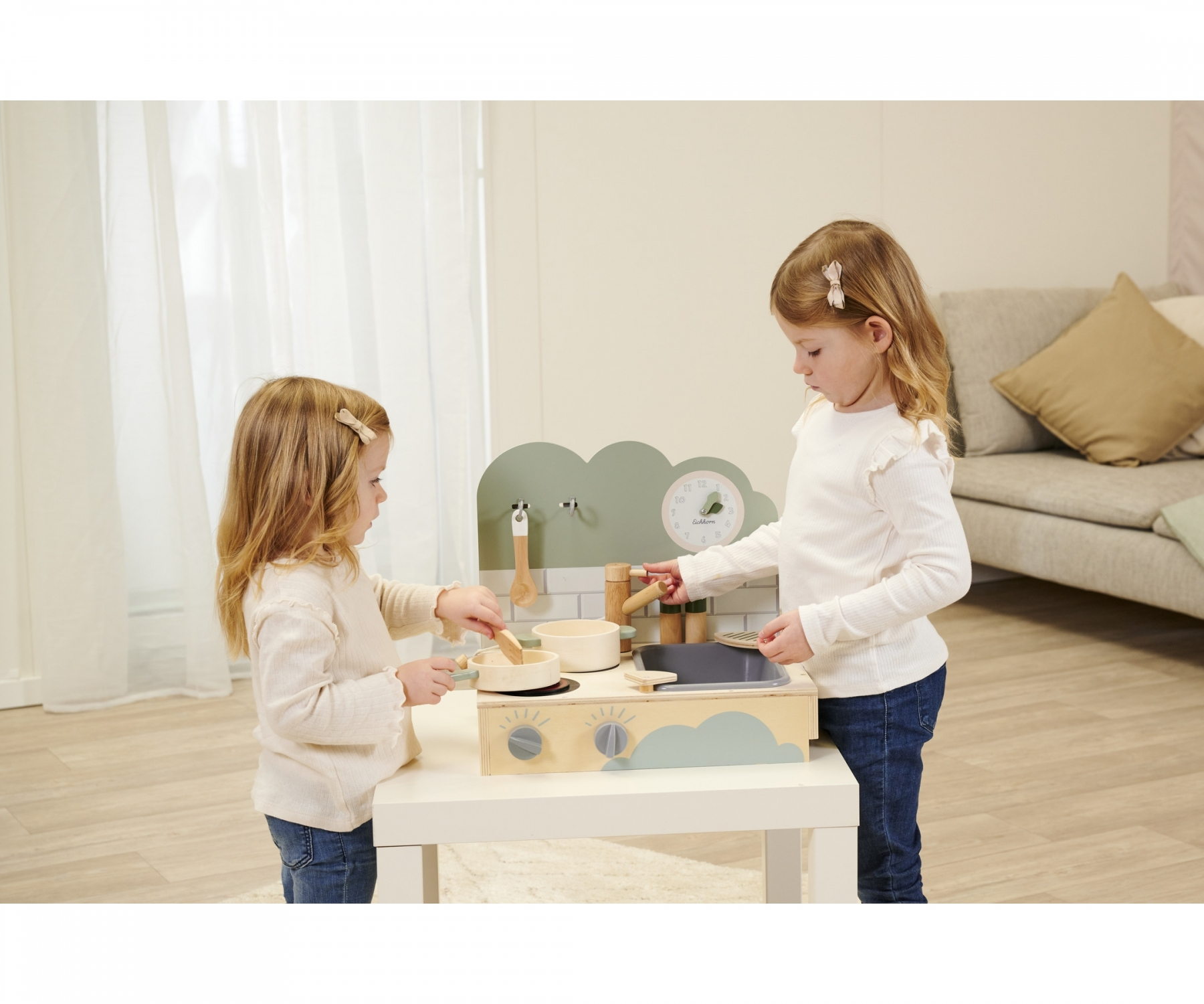 (8-tlg. Set) Kinder Holz Küche Spielzeug Tischküche mit Kochfeld / Spülbecken / Koch Zubehör (100002700) - Blau / Braun