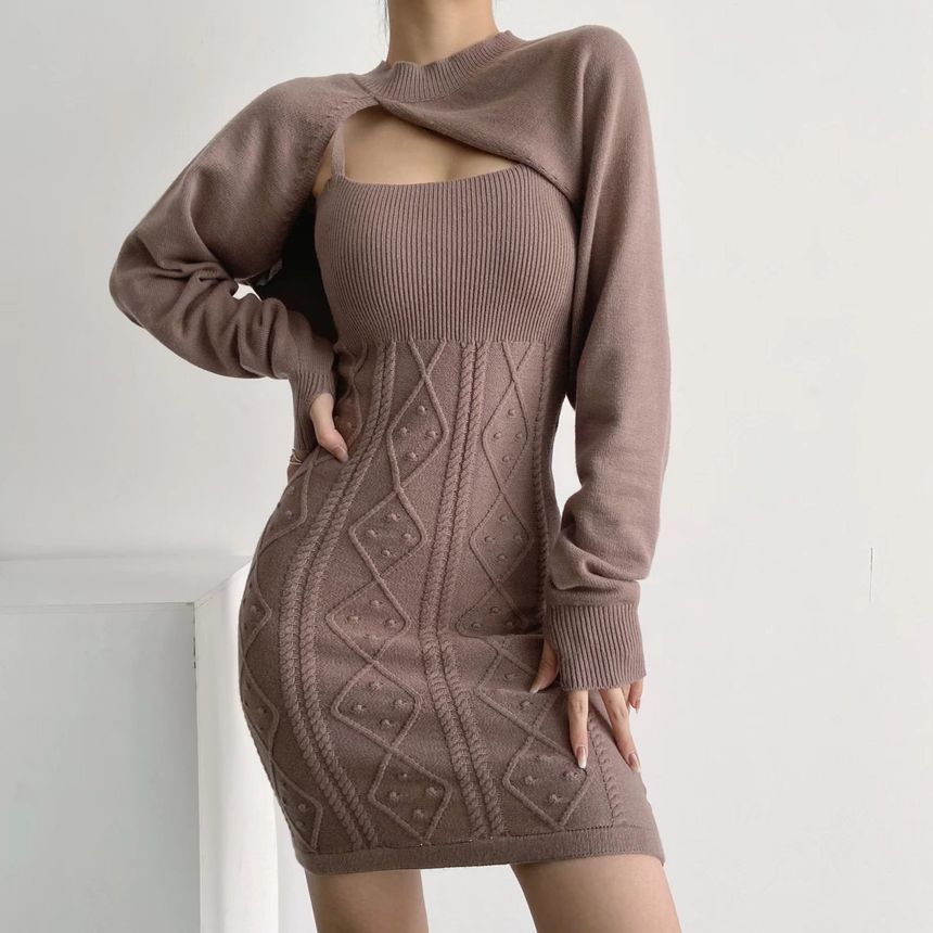 Morhan - Spaghettibandjes effen geribbelde mini-jurk / asymmetrische cropped trui