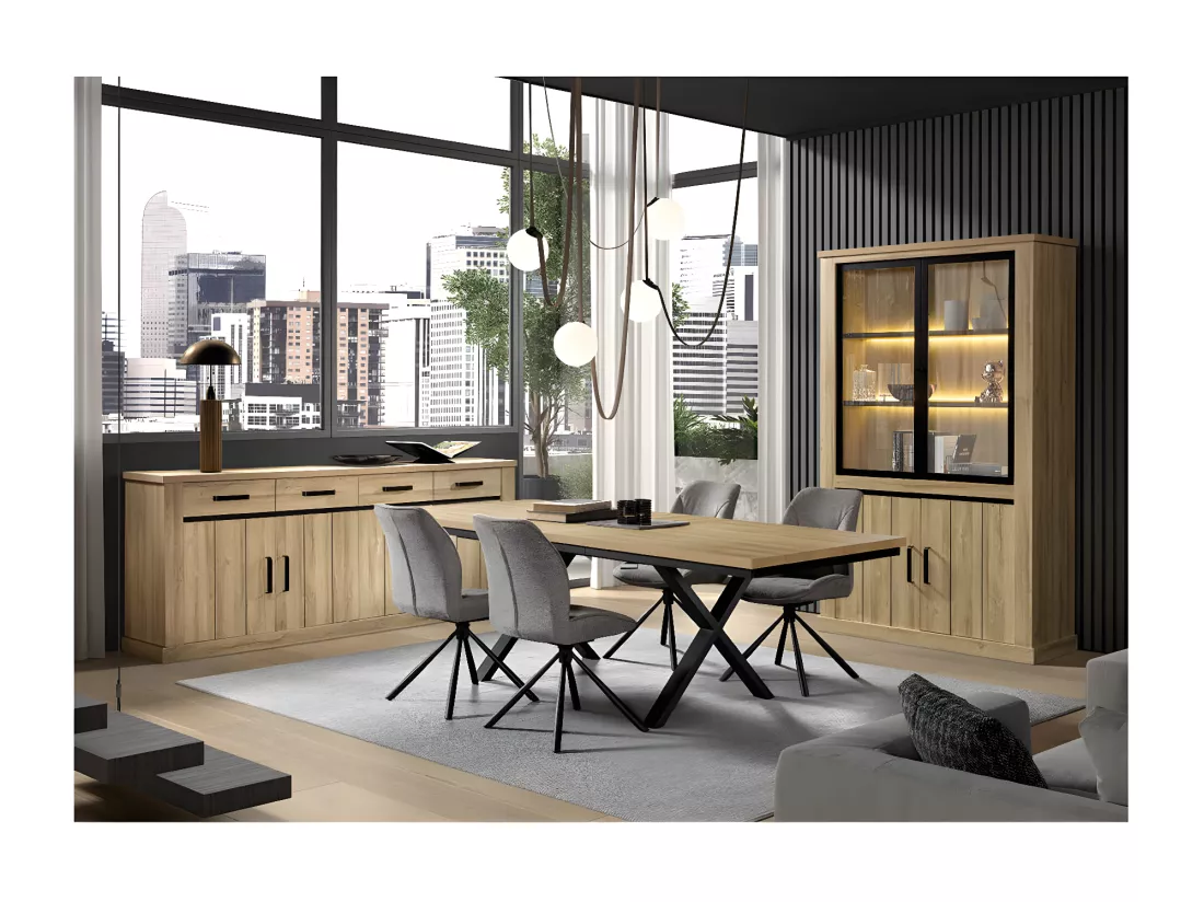 LORENZO - Argentier 4 Portes avec Leds Aspect Bois Chêne Clair Finition French Oak