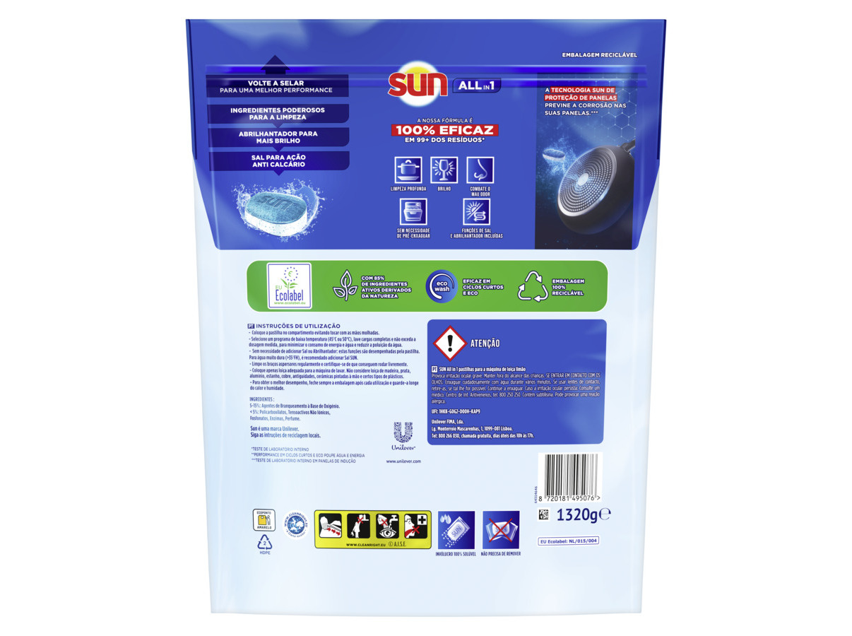 DETERGENTE LOIÇA MÁQUINA SUN ALL IN ONE LIMÃO 80PASTILHAS