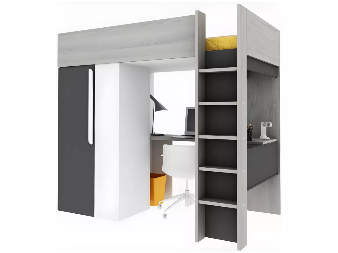 Lit mezzanine 90 x 200 cm avec armoire et bureau - Anthracite et blanc + matelas - NICOLAS II