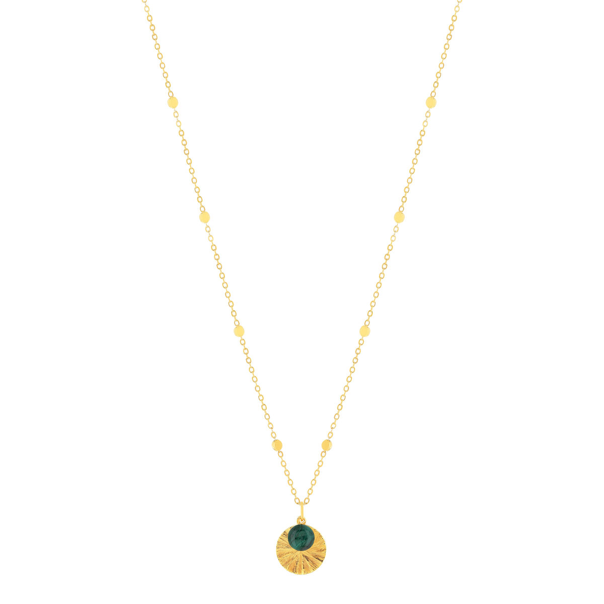 Collier plaqué or médaille ciselée et pampille malachite 48 cm