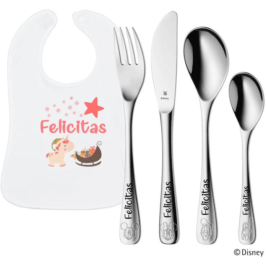 Schnullireich Geschenkset mit Namen WMF Kinderbesteck Mickey & Friends + Lätzchen Einhorn Silber