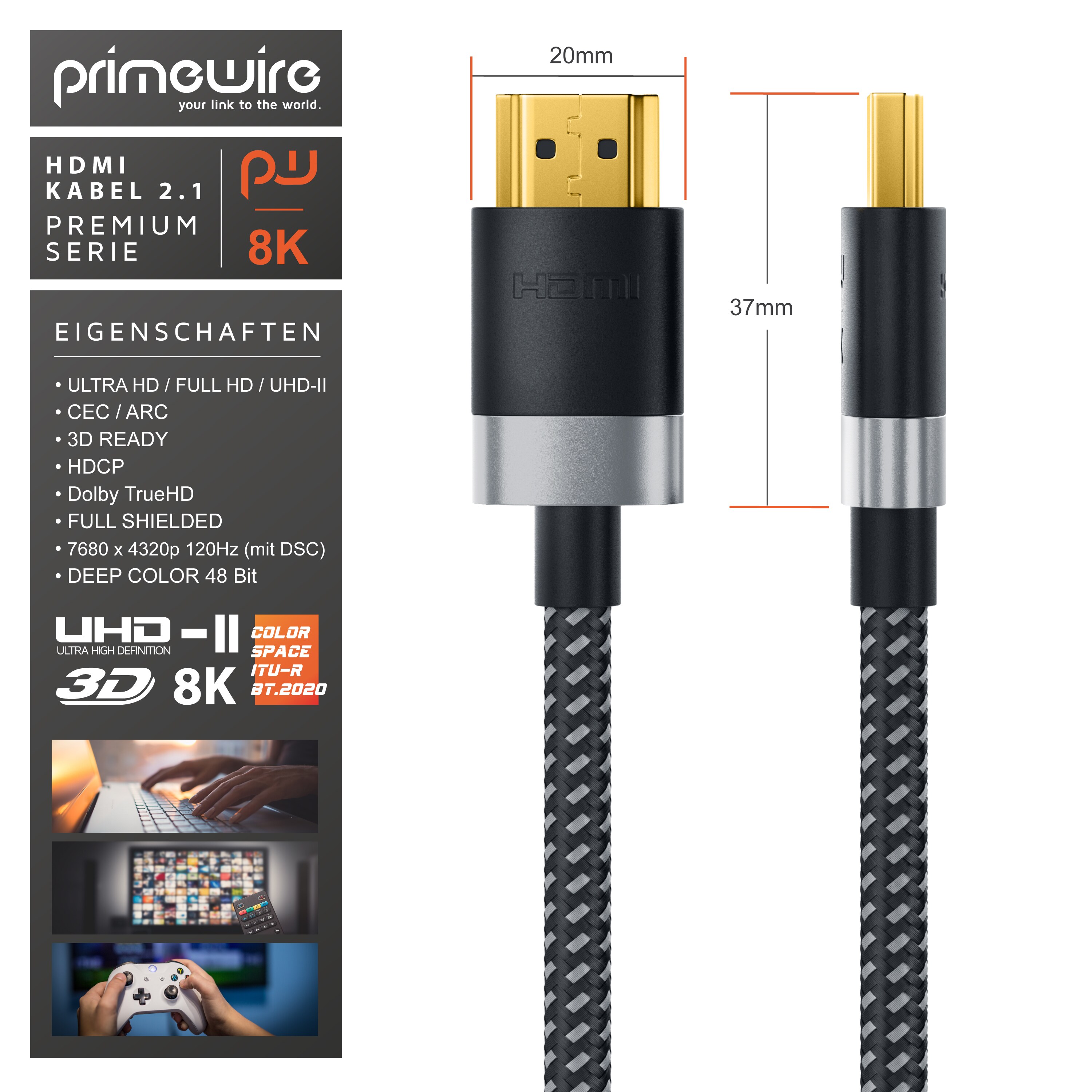 Primewire - 0,25m High Speed 8K HDMI Kabel 2.1 Ethernet ARC 3D 4K Ultra HD 7680x4320 @ 120 Hz PS4 360 TV OLED PC Laptop Beamer Monitor, Schwarz/Silber