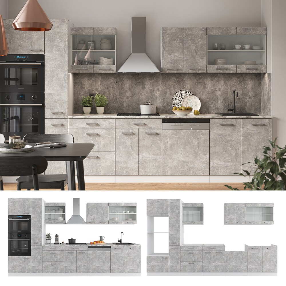 Vicco Küchenzeile Küchenblock Einbauküche R-Line 350 cm Weiß Beton Küche